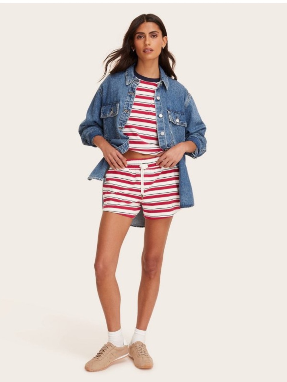 Women’s HIGH RISE Drawstring pull on shorts red / navy STRIPED - Picture 3 of 5